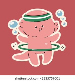 Cute baby axolotl with hula hoop vector cartoon character isolated on background.