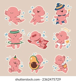 Cute baby axolotl vector cartoon characters set isolated on background.