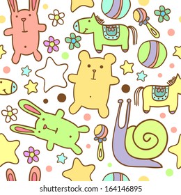 Cute baby background with bears, snails, horses, stars and flowers