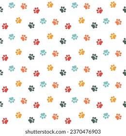 Cute baby background pattern with colored paws on a transparent background.