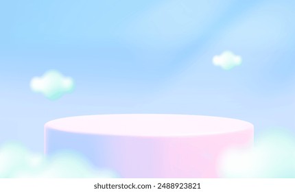 Cute baby background with pink podium and clouds in sky. Product scene sale platform. Childish mockup product display. Vector cartoon illustration