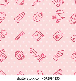 Cute baby background. Seamless pattern with line icons. Baby care concept. Pink polka dot. Cartoon style. Baby accessories. Vector illustration for lovely design.