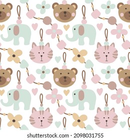 Geräumiger, kuscheliger Hintergrund. Vektorloses Muster mit Blumen, Spielzeug, Elefanten, Bären, Herzen. Handgezeichnetes digitales Papier für Baby, Jungen, Mädchen. Cute-Kids-Bälle einzeln auf Weiß