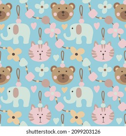 Cute baby background. Vector seanless pattern with flowers, toys, elephant, bear, hearts. Hand drawn digital paper for baby, boys, girls. Cute  kids belements on blue 