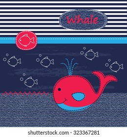 Cute baby background with whale for baby shower, greeting card, T-shirt design
