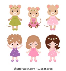 Cute baby ballerinas in pink dress. Vector clipart.