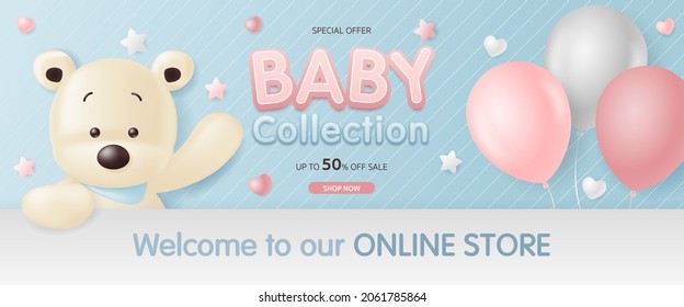 Cute baby banner with cute bear and balloon for child store, kid clothes and toy, Online shop, children fashion sale discount promotion on social media, web advertising, website template and fair