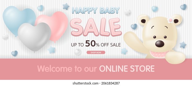 Cute baby banner with cute bear and balloon for child store, kid clothes and toy, Online shop, children fashion sale discount promotion on social media, web advertising, website template and fair