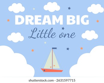 Cute baby banner with clouds, sky, sea and a beautiful sailboat