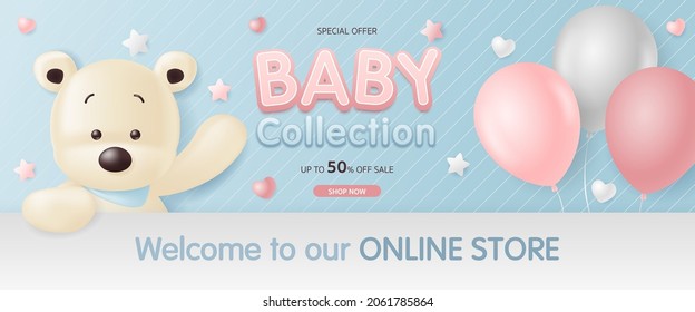 Cute baby banner design with Teddy bear and ballons for Baby store, kids clothes and toys, Online Shopping, Babies fashion sale promotion on social media, web advertisement, website template and fair