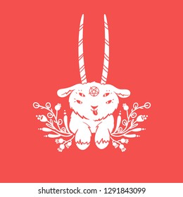 Cute baby Baphomet withy long horns and a pentagram. Modern vector illustration.