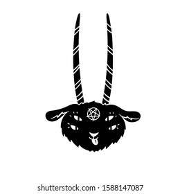 Cute baby Baphomet withy long horns and a pentagram. Modern vector illustration.