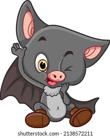 The cute baby bat is sitting and raising the hand of illustration