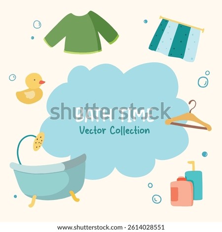 Cute baby bath time object collection set. Vector hand drawn doodle illustration cartoon. Bath tub, soap, towel, bubble, hanger, duck toy