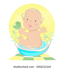 Cute baby bathing cartoon character vector illustration.