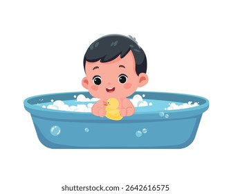 Cute Baby Bathing with Rubber Duck – Cartoon Vector Illustration