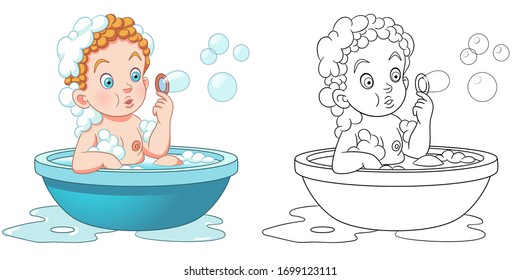 Cute baby in bathroom taking a shower. Coloring page and colorful clipart character. Cartoon design for t shirt print, icon, logo, label, patch or sticker. Vector illustration.