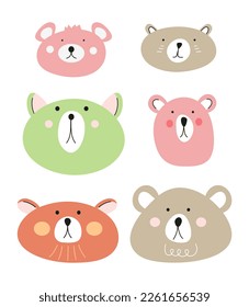 Cute baby bear avatar vector illustration. Hand drawn bear faces. Colorful animal face for child blog.