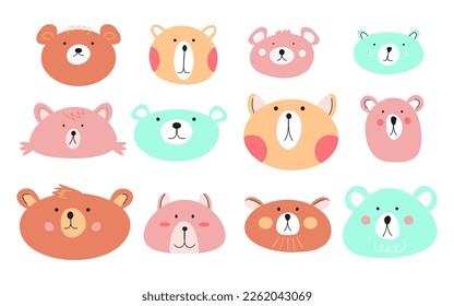Cute baby bear avatar vector illustration. Hand drawn bear faces. Colorful animal face for child blog.