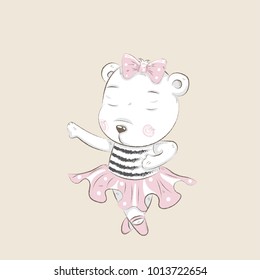 Cute baby bear ballerina dancing cartoon hand drawn vector illustration. Can be used for baby t-shirt print, fashion print design, kids wear, baby shower celebration, greeting and invitation card.