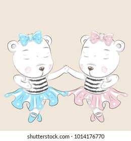 Cute baby bear ballerina dancing cartoon hand drawn vector illustration. Can be used for baby t-shirt print, fashion print design, kids wear, baby shower celebration, greeting and invitation card.