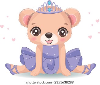 Cute baby Bear ballerina in pink tutu, sitting on the splits