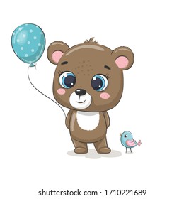 Cute baby bear with balloon and bird. Vector illustration for baby shower, greeting card, party invitation, fashion clothes t-shirt print.