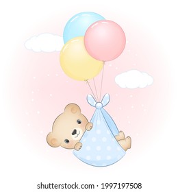 Cute baby bear with balloon newborn cartoon illustration