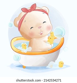 Cute baby bear in bathtub with ducks toy illustration