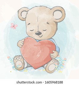 Cute baby bear with big heart water color cartoon hand drawn vecter illustration. Use for Happy birthday invitation card, T-shirt print, baby shower.