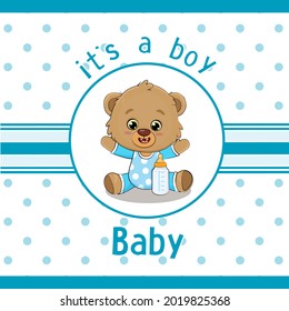 Cute baby bear with baby bottle. Children's invitation template 