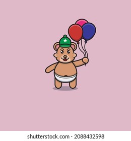 Cute Baby Bear Bring Balloons. Character, Logo, Icon, Cartoon And Inspiration Design. Vector And Illustration.