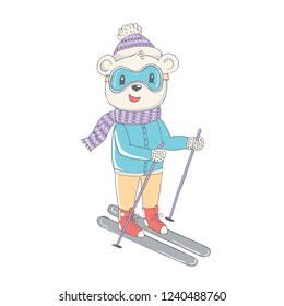 Cute baby bear by ski. Vector illustration for children's t-shirts, clothes, textile, placards, posters
