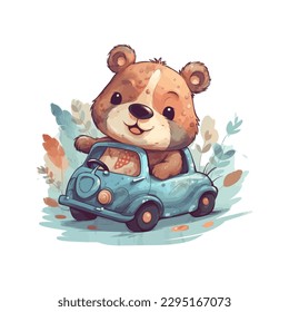 A cute baby bear with car, cartoon watercolor white background