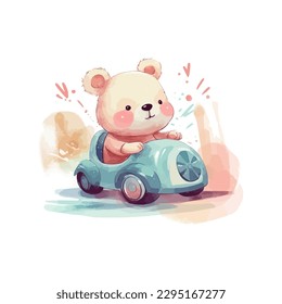 A cute baby bear with car, cartoon watercolor white background