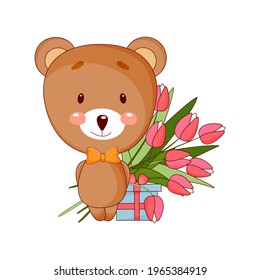 Cute baby bear cartoon boy with gift and flowers. Vector illustration.