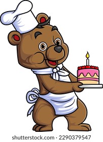 cute baby bear cartoon character wearing chef clothes carrying a big birthday cake of illustration