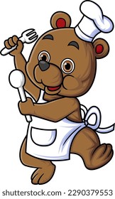 cute baby bear cartoon character wearing chef clothes carrying spoon and fork dancing of illustration