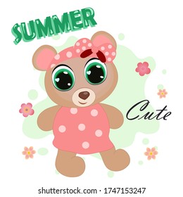 Cute baby bear cartoon dress, pink flowers having, fun with summer on background illustration vector.