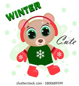 Cute baby bear cartoon, fun with winter on background illustration vector. Can be used for clothing. Use for print, surface design, fashion wear. For design of card and invitation