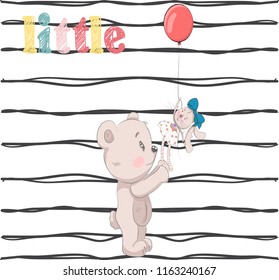 Cute baby bear cartoon hand drawn vector illustration. Can be used for baby t-shirt print, fashion print design, children wear, baby shower celebration, greeting and invitation card.