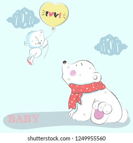 Cute baby bear cartoon hand drawn vector illustration. Can be used for baby t-shirt print, fashion print design, children wear, baby shower celebration, greeting and invitation card.