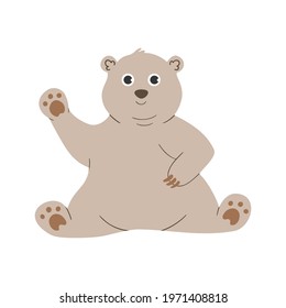 Cute baby bear cartoon hand drawn vector illustration isolated on white background. Stock illustration of waving friendly teddy bear