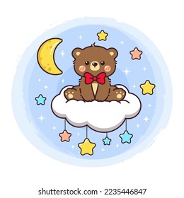 Cute baby bear cartoon illustration sitting on cloud