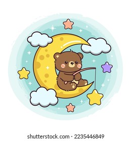 Cute baby bear cartoon illustration fishing for stars over the moon.