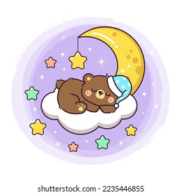 Cute baby bear cartoon illustration sleeping on the cloud