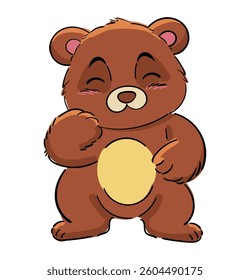 Cute baby Bear cartoon. Shy and smiling pose. Hand drawn illustration, isolated on white
