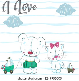 Cute baby bear and cat cartoon hand drawn vector illustration. Can be used for baby t-shirt print, fashion print design, children wear, baby shower celebration, greeting and invitation card.