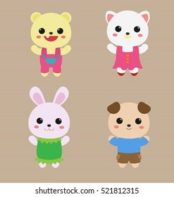 Cute baby bear, cat, rabbit and dog 
animals in clothes