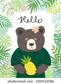 Cute baby bear character with ananas. Hand drawn vector illustration. Summer tropical jungle set.